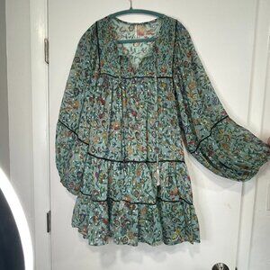 Free People Size M • Aqua Floral Lurex Boho Tunic Dress Balloon Sleeve